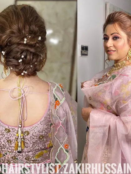 A front and back view of the voluminous updo with pearls, showing the happy client and the beautiful hairstyle.