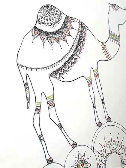 A close up of the camel from the staircase project. The fine line work and small color details are all done freehand, giving each animal its own personality.