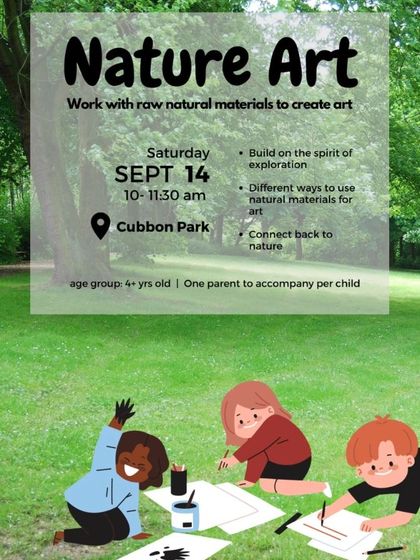 An announcement for our September "Nature Art" session, a perfect weekend activity for creative kids and their parents.