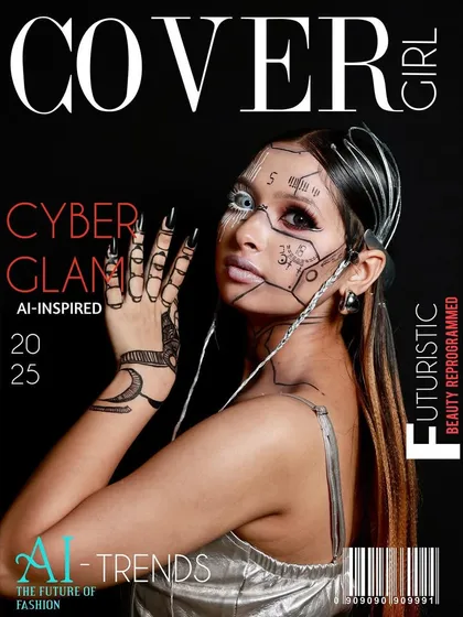 Here is another mock cover design for Covergirl, showcasing the Cyber Glam look. This image highlights the hand and face details, demonstrating how the makeup translates into a powerful, magazine-ready final product.
