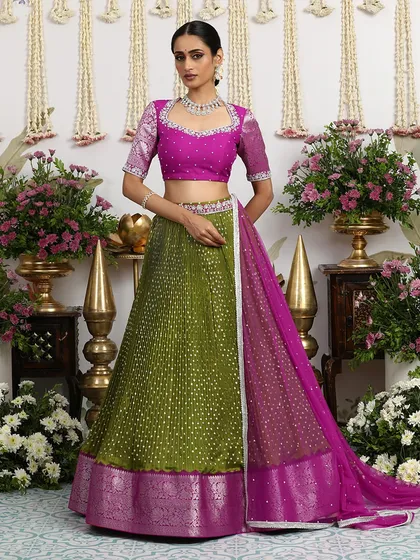 Another angle of this elegant wedding wear, highlighting the silk and Bandhani fusion.