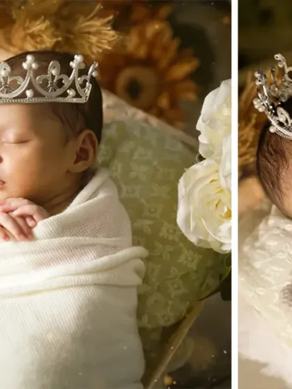 A diptych showing a sleeping newborn prince, complete with a tiny crown and a knitted teddy bear friend. We focus on these adorable details to create precious keepsakes.