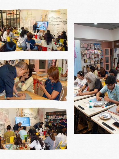 A collage of photos from a pencil mastery workshop, showing students learning from a guest artist and practicing their sketching skills.