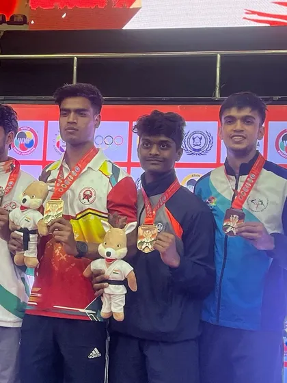 The winners' podium at the KIO National Championship, with our student Harshit Pandey taking the gold.