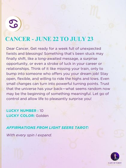 A weekly forecast for Cancer filled with unexpected twists and blessings. This reading reminds you to trust that the universe has your back, even when things seem random.