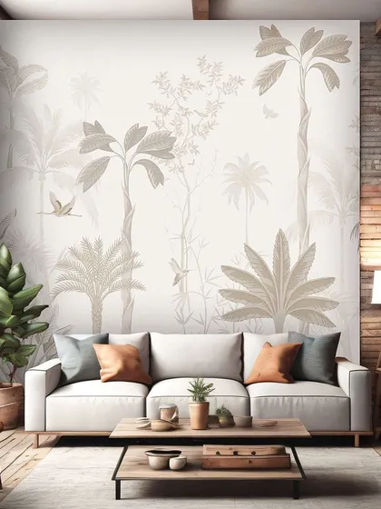 A subtle, elegant mural can completely change the feel of a room without overwhelming it. This delicate palm tree design adds an artistic, airy touch to this modern living space, blending perfectly with the brick wall and wooden beams.