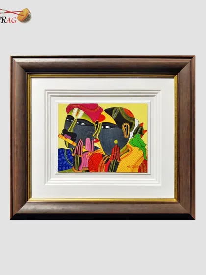 A framed artwork by Thota Vaikuntam, capturing the intimate and colorful world of his subjects.