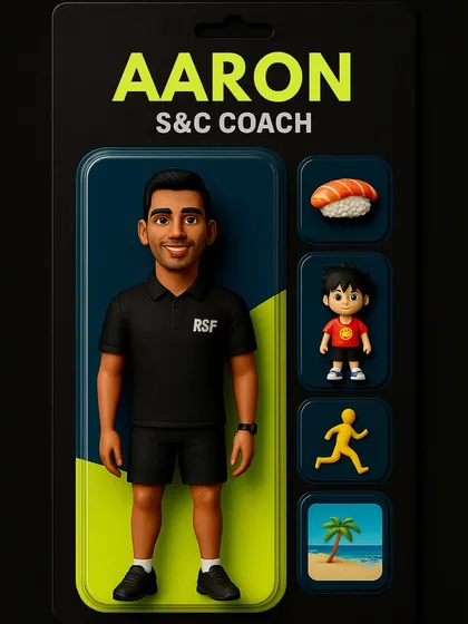 The action figure for Coach Aaron, complete with his personal quirks like sushi and a love for the beach. This showcases the human side of our expert coaching staff.