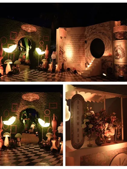 More details of the magical decor, from the checkered photo corner to the 'Bloom Bar', showcasing the comprehensive and detailed theme execution.