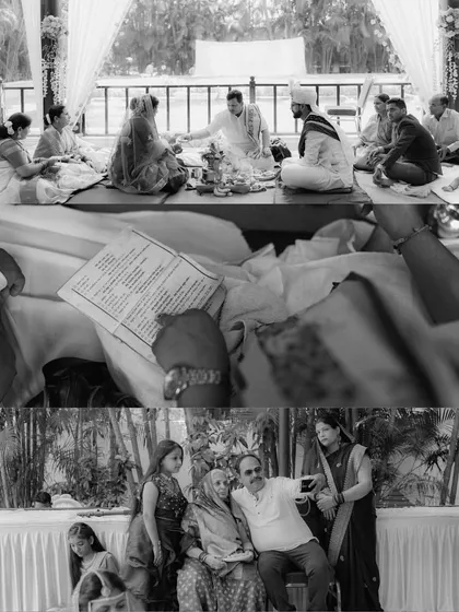 A black and white collage that tells the story of the wedding ceremony, from the rituals and sacred texts to the family members taking selfies.