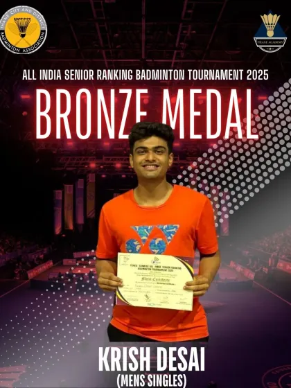 Krish Desai proudly displays his bronze medal from the Yonex-Sunrise All India Senior Ranking Badminton Tournament. Starting from the qualifiers, he defeated the 2nd seed on his way to the podium, announcing his arrival on the national senior circuit.