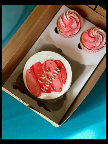 This elegant bento and cupcake box features a modern design with pink and red brushstrokes on the cake, highlighted with gold leaf. The two accompanying cupcakes have beautiful two-toned pink frosting swirls.