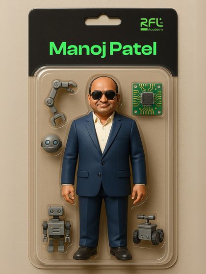 RFL Hero Manoj Patel is showcased as an action figure, surrounded by the tools of the trade: microchips, robots, and robotic arms.