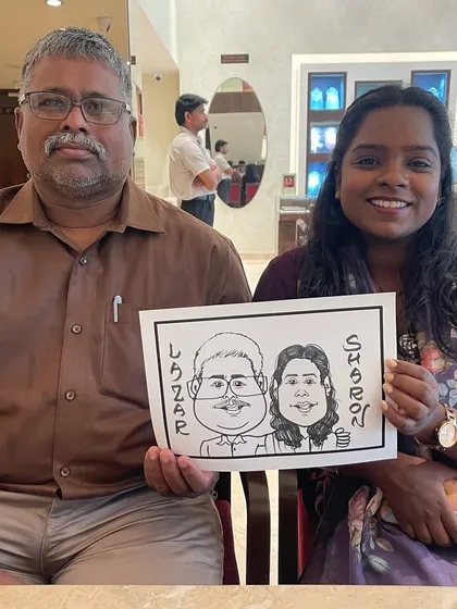 A lovely couple caricature for Lazar and Sharon. This classic style is perfect for weddings, anniversaries, and parties.