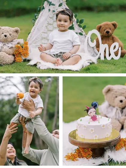 A collage celebrating a baby girl's first year, showing her growth from a newborn to her first birthday cake smash.
