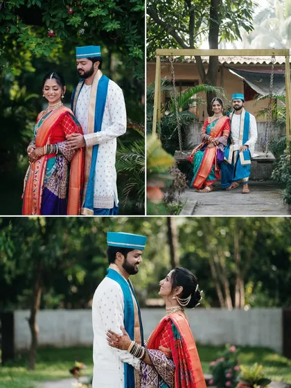 A collection of moments from the couple's portrait session. From sitting on a swing to sharing a private glance, these images tell a story of love and togetherness on their wedding day.