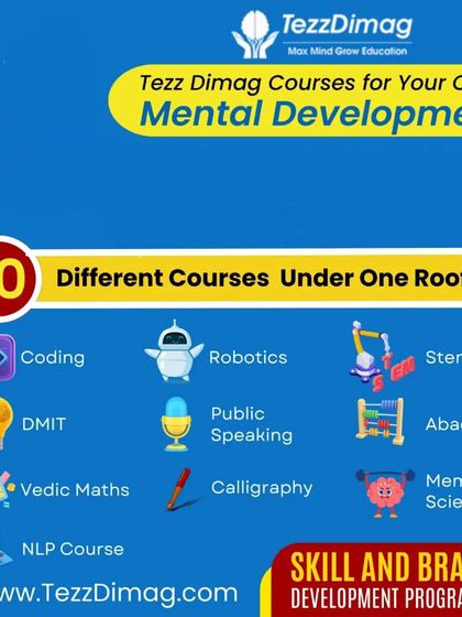 An infographic listing 10 different courses under one roof for your child's mental development, including Coding, Robotics, Abacus, and Public Speaking.
