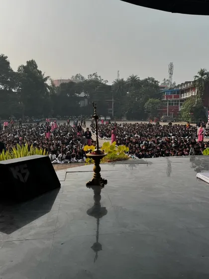 The view from the stage before an open-air concert in Hoshangabad. The traditional lamp (diya) is lit to mark the auspicious beginning of the performance.