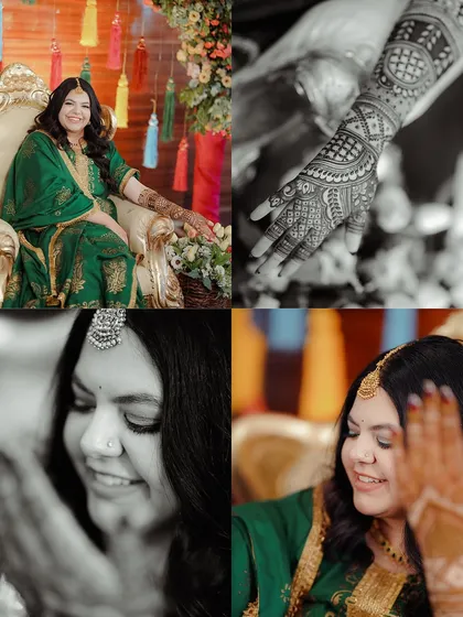 A four-panel collage from a Mehandi ceremony, mixing color and black and white shots to highlight the bride's joy and the detailed henna patterns.
