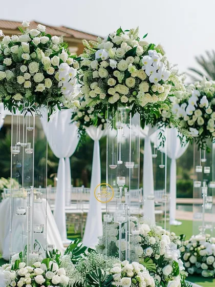 A stunning all-white wedding setup at a backwater resort in Goa. The aisle is lined with tall acrylic stands holding lush bouquets of white roses, creating a look of pure luxury and elegance.