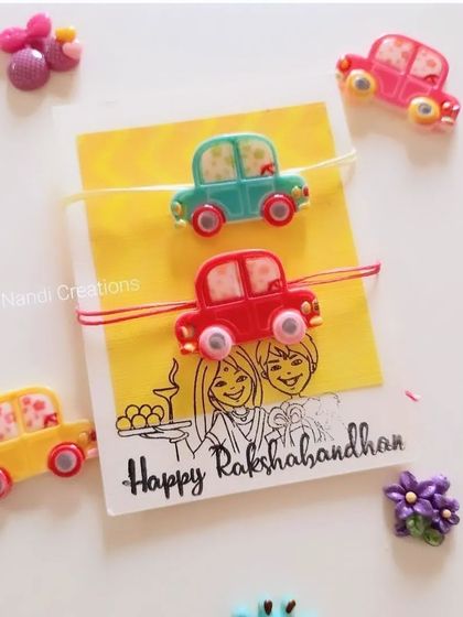 Vroom vroom. These cute car Rakhis are a hit with little boys. The colorful car beads are attached to a simple thread, making them a fun and easy-to-wear choice for Raksha Bandhan.