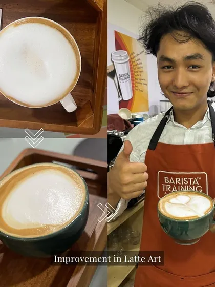 This is what progress looks like. On the left, a student's initial attempt at latte art. On the right, the same student after dedicated practice and guidance at our academy. We focus on building tangible skills, showing you clear improvement from day one.