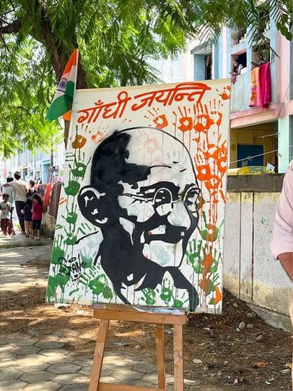 Art is for everyone. On Gandhi Jayanti, I held a workshop for kids in a slum, teaching them how to paint. We created this Gandhi portrait together, spreading some color and hope.