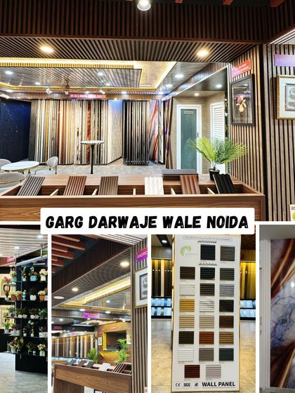 A collection of images showing our diverse product range, including sample boards for wall panels and displays of UV marble sheets.