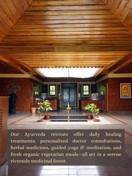 The serene interior of our Ayurveda center, built with natural materials to create a calming atmosphere. This is where your healing journey unfolds with daily treatments and consultations.