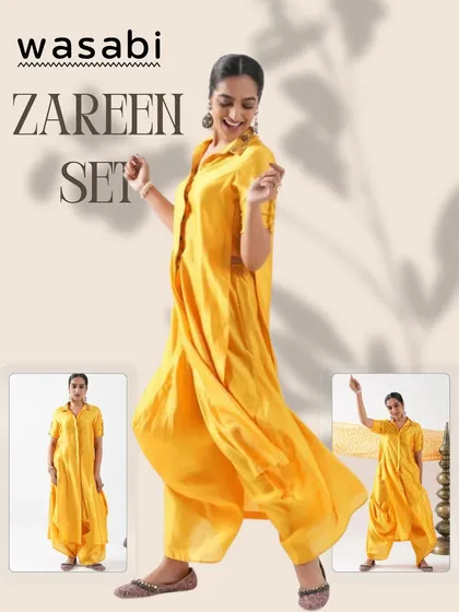 The Zareen Set, made from luxurious Chinea Silk, is designed for a comfort fit with a bold soul. It comes in beautiful colors like Haldi yellow and is perfect for summer weddings.