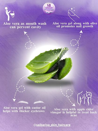 Aloe Vera is a magical plant with so many uses beyond just skin. This graphic shows how it can be used as a mouthwash to prevent cavities, promote nail growth, help with thicker eyebrows, and even treat back acne.