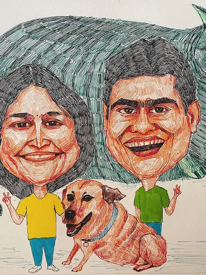 This family caricature was a special request, created for my sister and brother-in-law whom I met after 12 years. It includes their beloved pets, a cat named Little Bit and a dog named Peanut, showing that our furry friends are family too.
