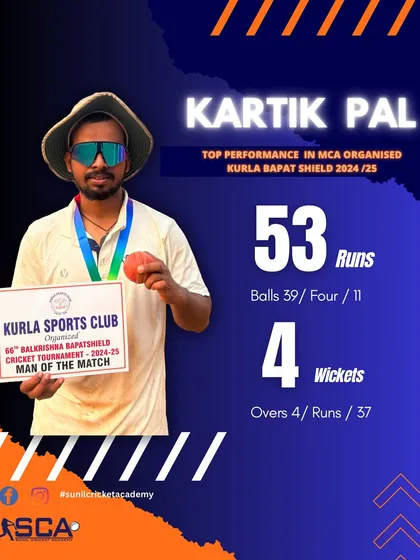Man of the Match Kartik Pal with a fantastic all-round show in the Kurla Bapat Shield: 53 runs and 4 wickets.