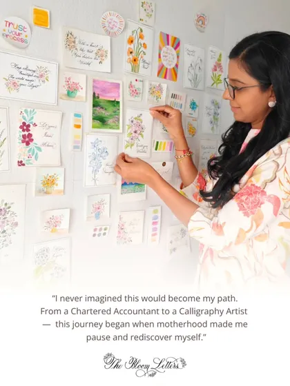 "I never imagined this would become my path." A photo of me in my studio, reflecting on my journey from a Chartered Accountant to a Calligraphy Artist, a path that began when motherhood made me pause and rediscover myself.