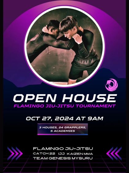 We regularly participate in and host tournaments. This poster details the Open House Flamingo Jiu-Jitsu Tournament, a house-based competition testing standup, submission, and guard skills.