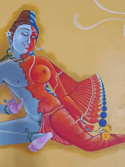 My painting of Ardhanarishvara, the composite form of Shiva and Parvati. This piece explores the philosophy of duality and non-duality, questioning whether the vermillion of Shakti overpowers the ash of Shiva, or if they simply merge into one complete whole.