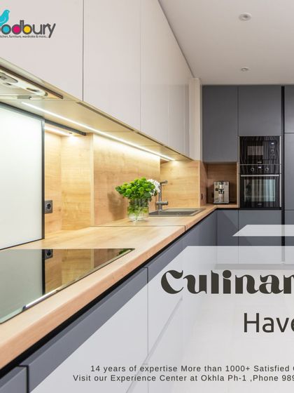 A culinary haven where style meets function. This concept features a two-tone design with grey and wood-grain cabinets, a sleek induction hob, and under-cabinet lighting. opting for a full renovation.