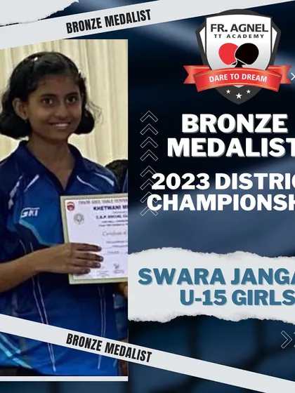 A graphic celebrating Swara Jangade's bronze medal win in the U-15 Girls event at the 2023 Thane District Championship.