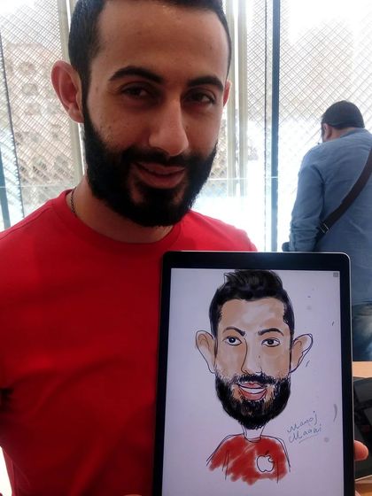 A live digital caricature created at a corporate event. The artwork is drawn on a tablet and can be displayed on screens or shared immediately with the recipient.