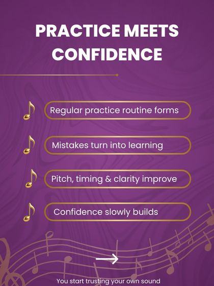 This graphic shows how practice meets confidence. A regular routine helps turn mistakes into learning, improves your pitch and clarity, and slowly builds the confidence you need to trust your own sound.