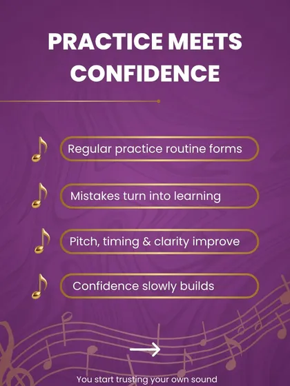 This graphic shows how practice meets confidence. A regular routine helps turn mistakes into learning, improves your pitch and clarity, and slowly builds the confidence you need to trust your own sound.