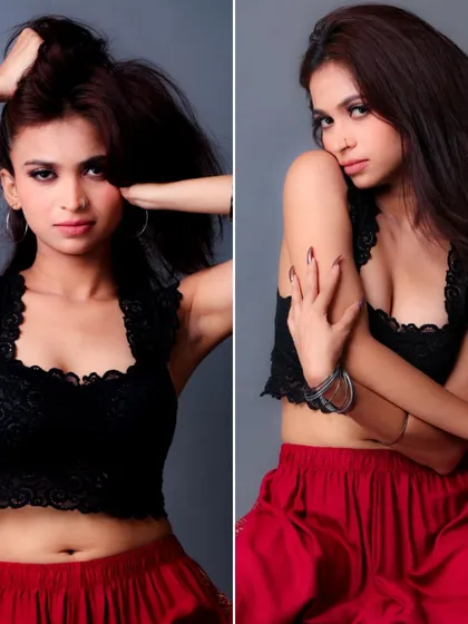 A two-image collage of a model in a black lace top and red pants. This shows different expressions and poses, ideal for a model's portfolio or a brand's lookbook.