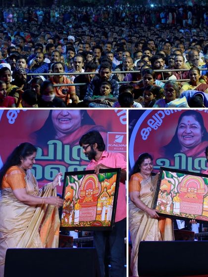 A treasured memory of presenting a custom painting to the legendary singer K.S. Chithra on stage. It was an honour to meet her.