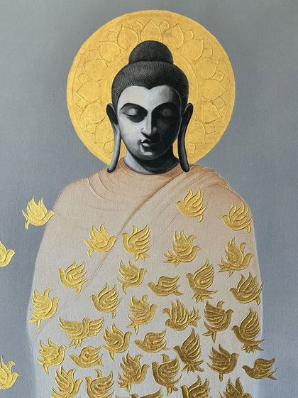 A spotlight on artist Sangeeta Abhay, whose work brings the philosophy of Gautama Buddha into striking contemporary frames. This piece, 'The Allure of Peace,' was featured at 'On The Go' in Kochi.