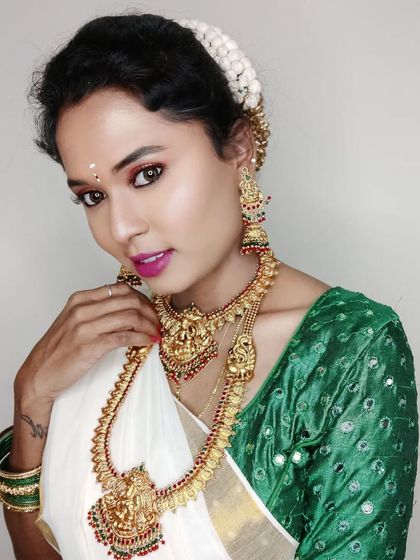 A final portrait of my self-created Onam festival look, showing my passion for makeup and styling.