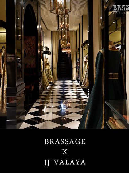 The wardrobe rods are a key feature in the store's grand hallway. Lined with exquisite garments, the brass rods add to the sense of opulence and draw customers deeper into the world of JJ Valaya.