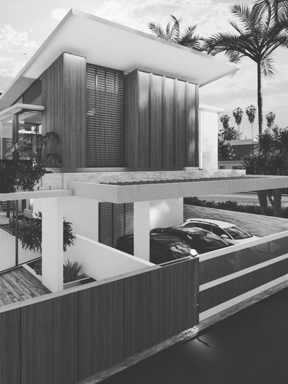 A black and white rendering of the "Eesome" project, emphasizing its strong geometric forms and the interplay of light and shadow across the wood and glass facade.