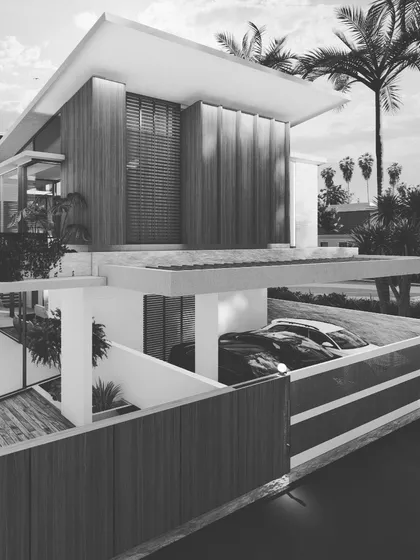 A black and white rendering of the "Eesome" project, emphasizing its strong geometric forms and the interplay of light and shadow across the wood and glass facade.