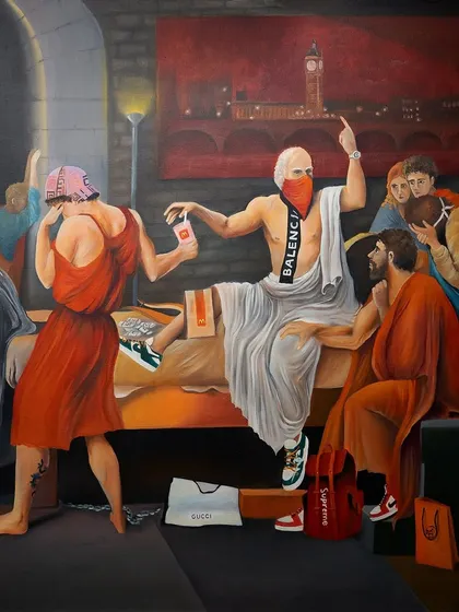 This is my 'Death of Socrates (hypebeast edition)'. It's a massive 5x6ft oil painting where I reimagined a classical scene with modern street style. It was a commission for a private client and one of my favorite projects.