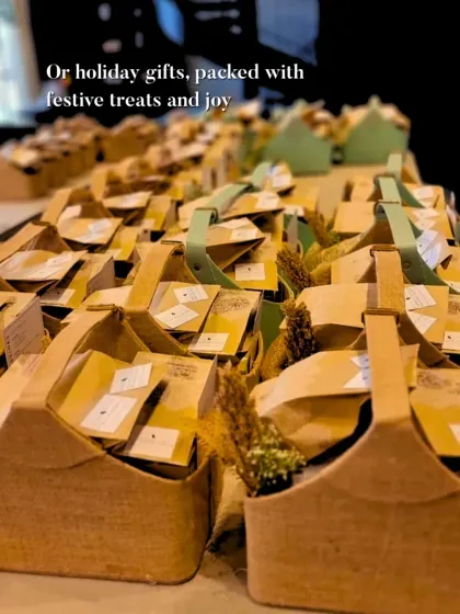 Gearing up for the holidays with a large order of festive gift baskets. Each jute basket is packed with a selection of seasonal treats and joy, ready to be delivered for a corporate client's Diwali gifting.